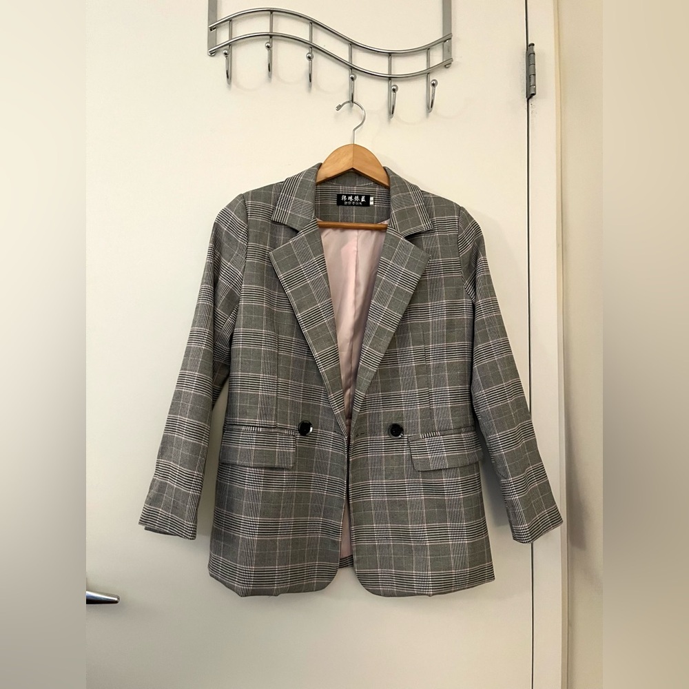 Plaid Checked Double-Breasted Blazer with Pink Lining. Size S